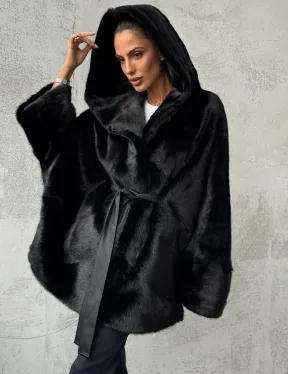 Полушубок черный норковый с капюшоном