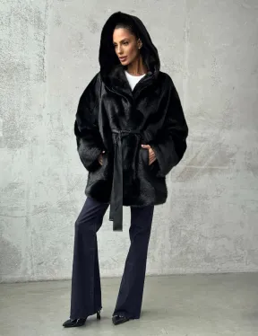 Полушубок черный норковый с капюшоном