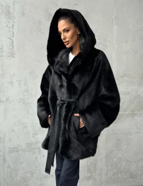 Полушубок черный норковый с капюшоном
