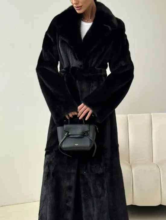 Черная норковая шуба с поясом