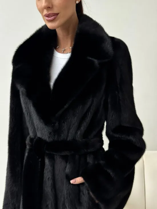Черная норковая шуба с поясом