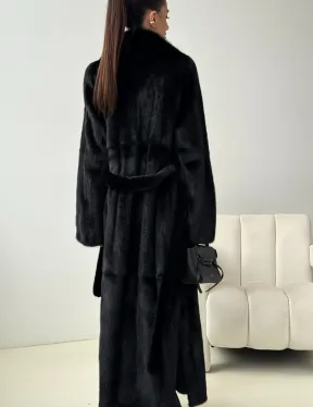 Черная норковая шуба с поясом