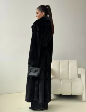 Черная норковая шуба с поясом