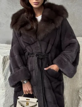 Шуба норковая графитовый ирис с капюшоном куницы