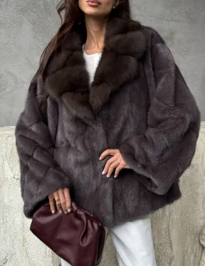 Норковый полушубок с воротником куница