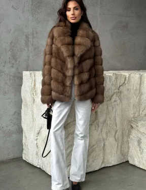 Полушубок из куницы в натуральном бежевом цвете