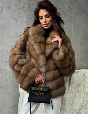 Полушубок из куницы в натуральном бежевом цвете