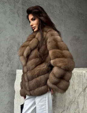 Полушубок из куницы в натуральном бежевом цвете