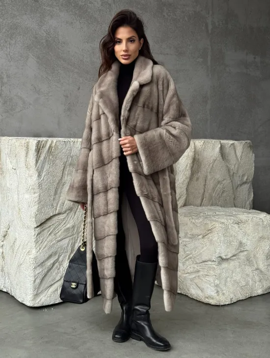 Удлинённая норковая шуба с поясом