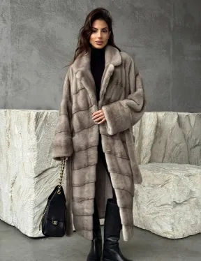 Удлинённая норковая шуба с поясом