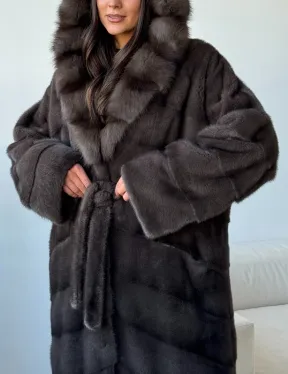 Длинная норковая шуба с капюшоном - графит
