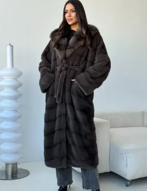 Длинная норковая шуба с капюшоном - графит