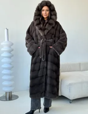 Длинная норковая шуба с капюшоном - графит