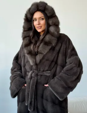 Длинная норковая шуба с капюшоном - графит
