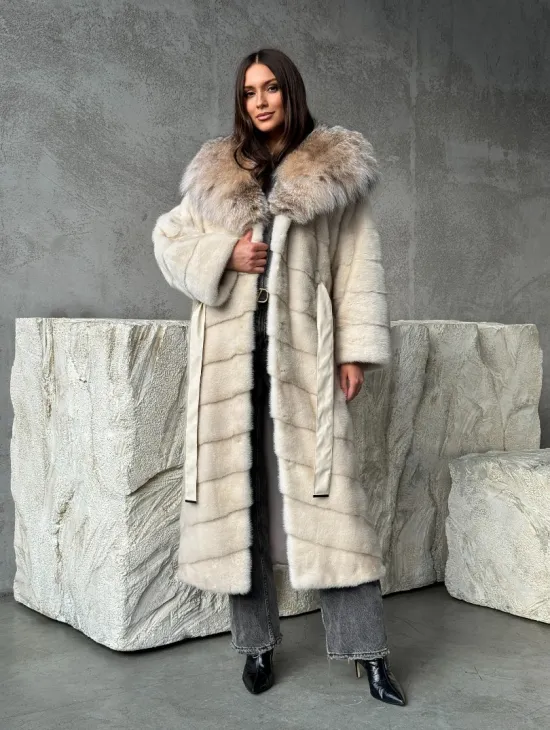 Норка шуба паркет с капюшоном рысь