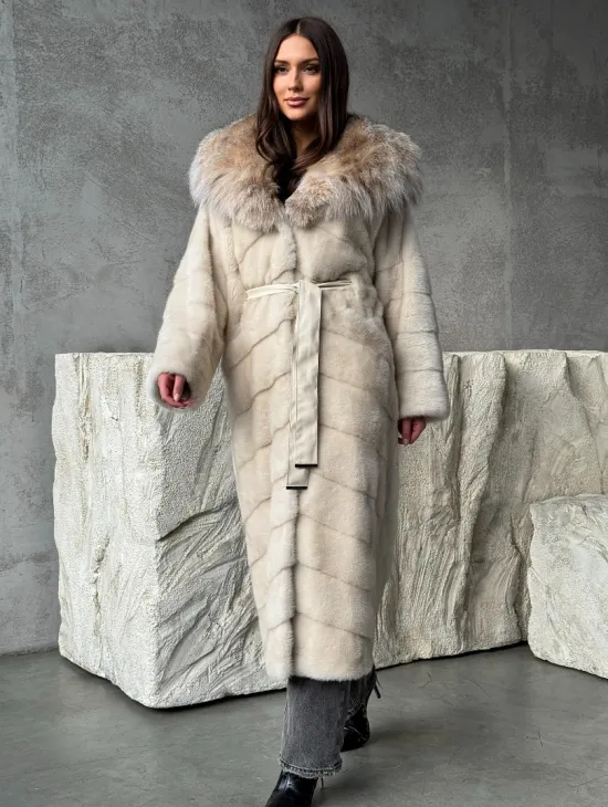 Норка шуба паркет с капюшоном рысь