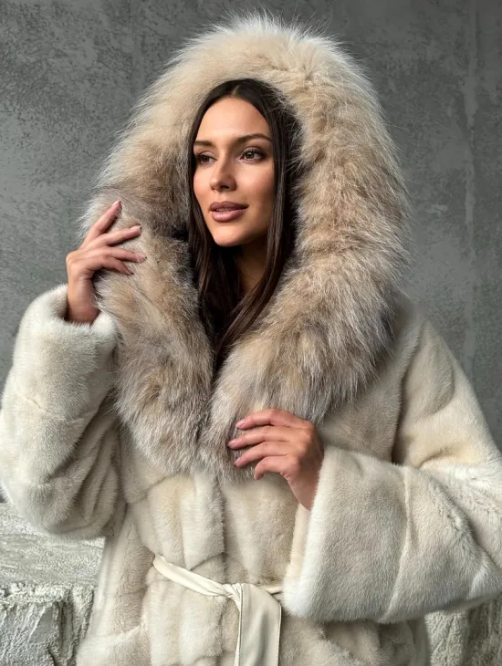 Норка шуба паркет с капюшоном рысь