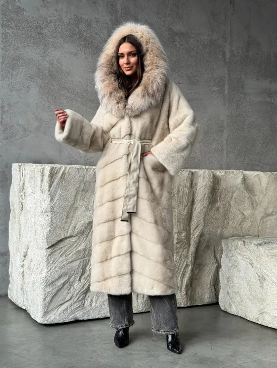 Норка шуба паркет с капюшоном рысь