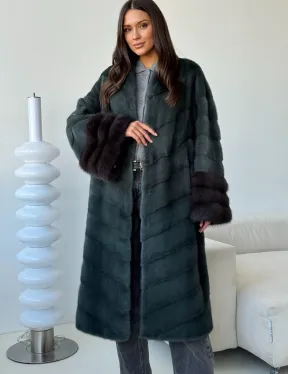 Норковая шуба с манжетами из куницы - цвет зеленый