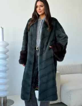 Норковая шуба с манжетами из куницы - цвет зеленый