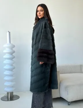 Норковая шуба с манжетами из куницы - цвет зеленый