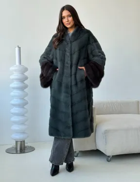 Норковая шуба с манжетами из куницы - цвет зеленый