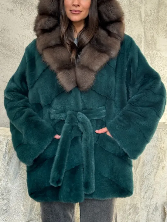 Шуба норка кимоно - капюшон куница