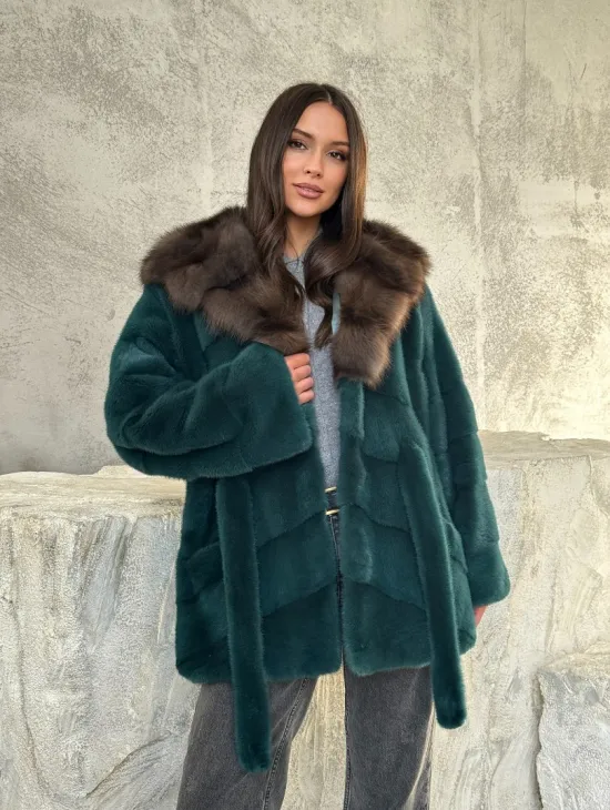 Шуба норка кимоно - капюшон куница