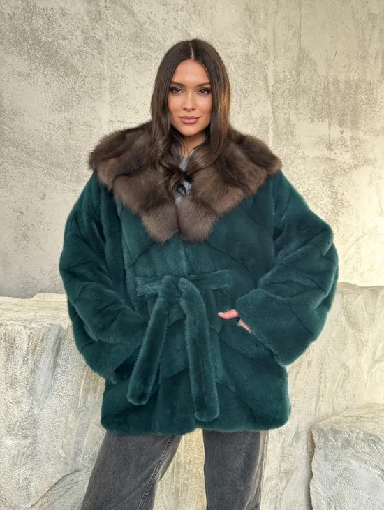 Шуба норка кимоно - капюшон куница
