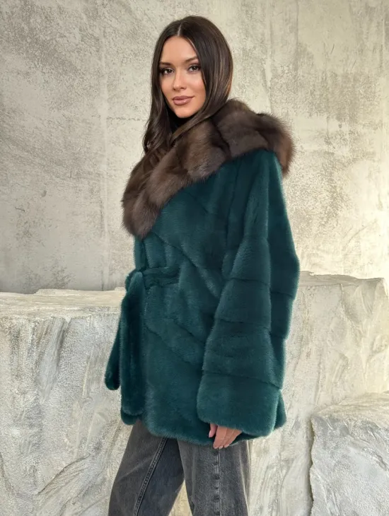 Шуба норка кимоно - капюшон куница