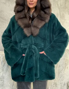 Шуба норка кимоно - капюшон куница