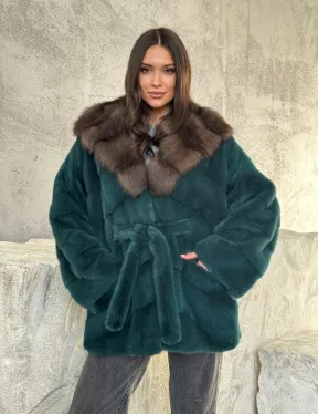 Шуба норка кимоно - капюшон куница