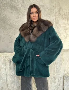 Шуба норка кимоно - капюшон куница