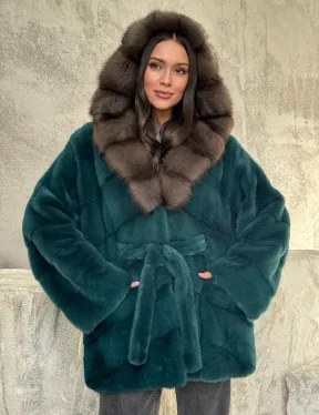 Шуба норка кимоно - капюшон куница