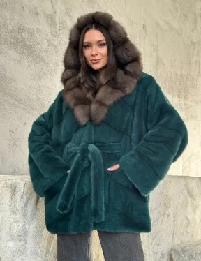 Шуба норка кимоно - капюшон куница