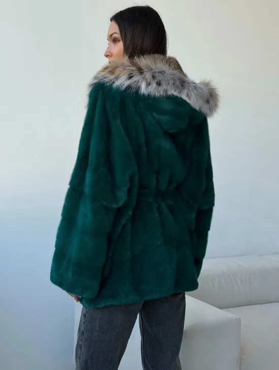 Норковая шуба с капюшоном из рыси