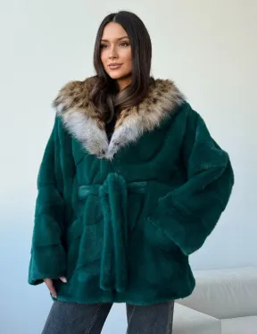 Норковая шуба с капюшоном из рыси