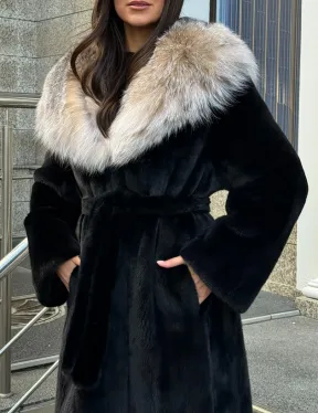 Черная норковая шуба с капюшоном из рыси