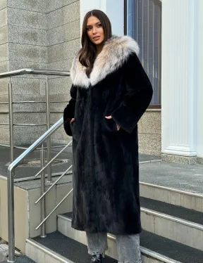 Черная норковая шуба с капюшоном из рыси