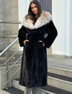 Черная норковая шуба с капюшоном из рыси