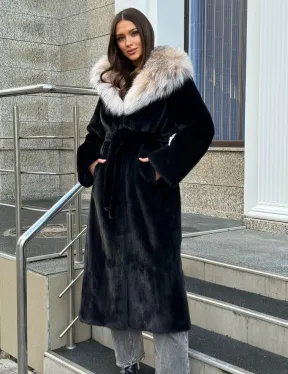 Черная норковая шуба с капюшоном из рыси