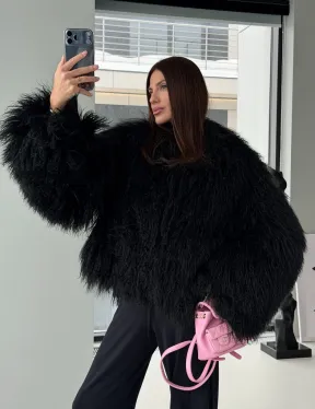 Полушубок черный из ламы - фото 18