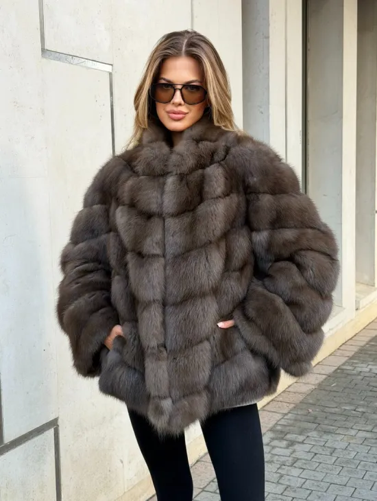 Шуба из куницы в цвете соболь - рукава косичкой
