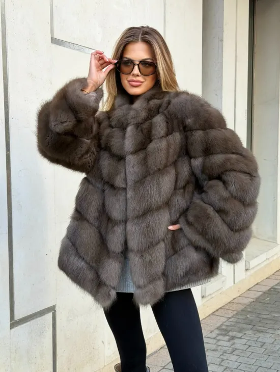 Шуба из куницы в цвете соболь - рукава косичкой