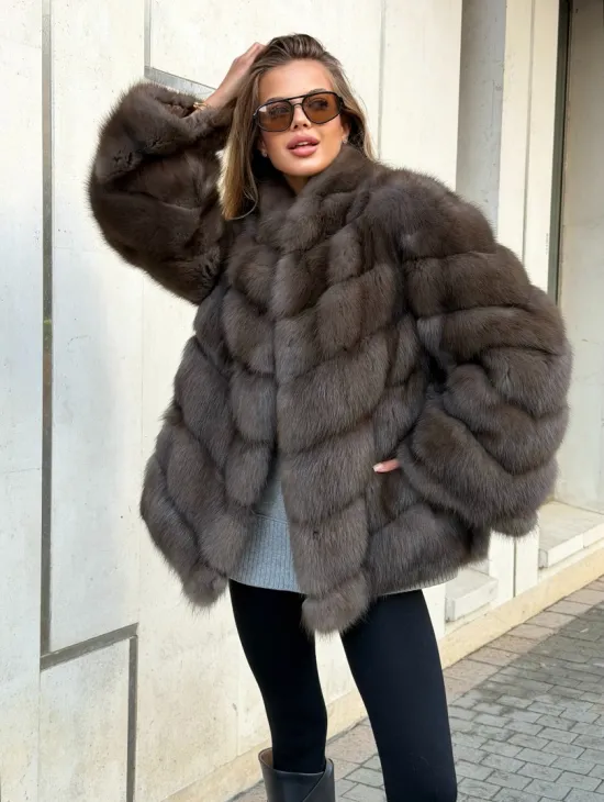 Шуба из куницы в цвете соболь - рукава косичкой