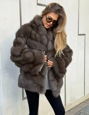 Шуба из куницы в цвете соболь - рукава косичкой