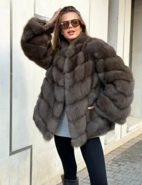 Шуба из куницы в цвете соболь - рукава косичкой