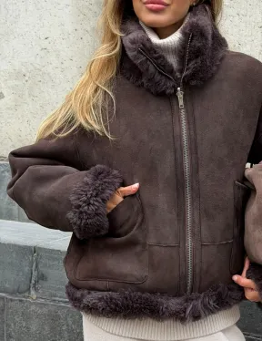 Натуральная двухсторонняя дубленка - бомбер