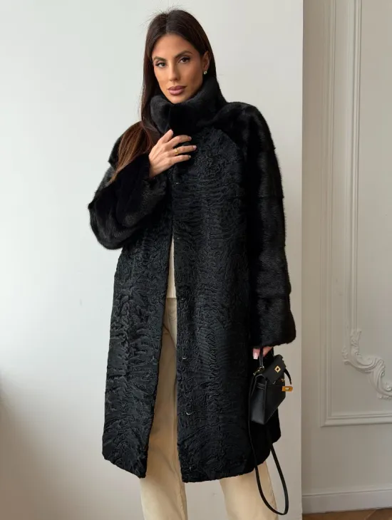 Шуба из каракуля с норкой - стойка воротник