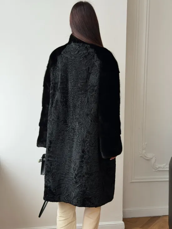 Шуба из каракуля с норкой - стойка воротник